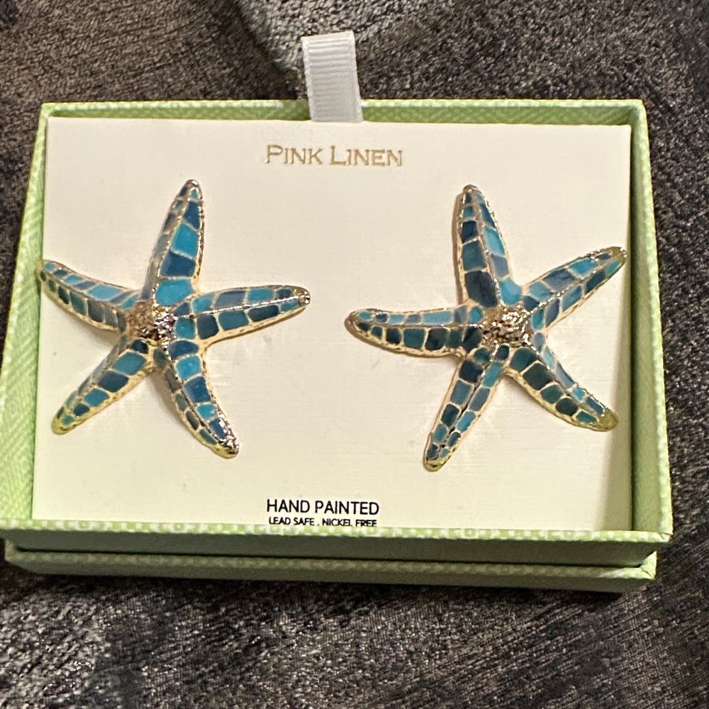 Pink Linen Blue Starfish Earrings